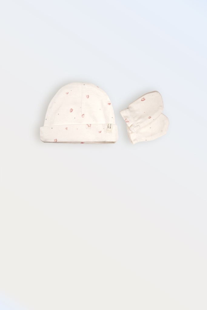 PETITE MAISON - Bonnet + gants écru et rose