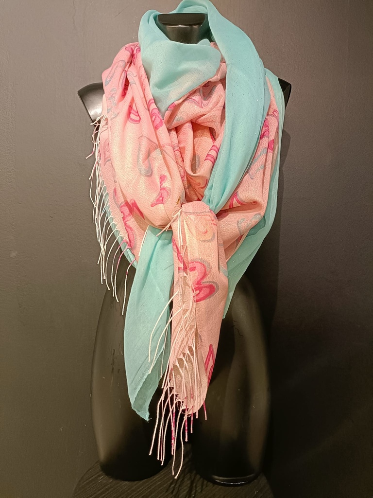 TIMES NACH - Foulard vert d'eau + coeurs fushia