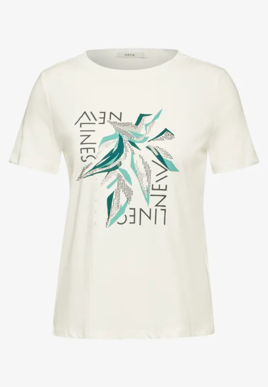 CECIL - T-shirt blanc MC + inscription vert canard