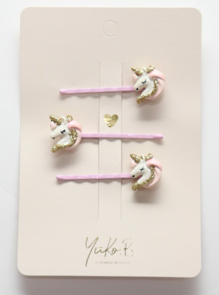 YUKO - Barrettes Trio Unicorn rose